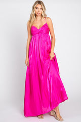 Fuchsia Sleeveless Front Twist Satin Maternity Maxi Dress