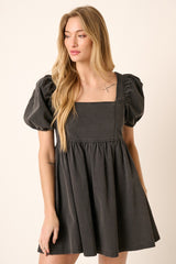 Black Washed Denim Puff Sleeve Babydoll Dress