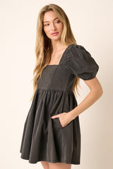 Black Washed Denim Puff Sleeve Babydoll Dress