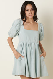 Blue Washed Denim Puff Sleeve Babydoll Dress