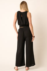 Black Crinkle Gauze Tank Top And Pants Set