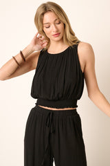 Black Crinkle Gauze Tank Top And Pants Set