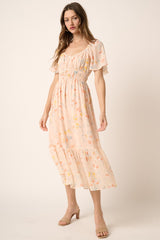 Blush Flower Print Princess Neckline Midi Dress