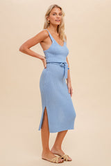 Light Blue Tank Rib Side Slit Midi Dress