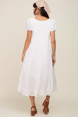 Ivory Eyelet Button Front Tiered Scalloped Hem Midi Dress