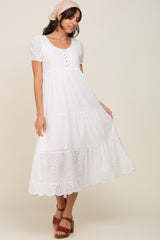 Ivory Eyelet Button Front Tiered Scalloped Hem Midi Dress