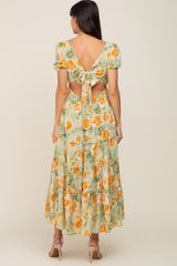 Light Olive Floral Tiered Cutout Back Maxi Dress