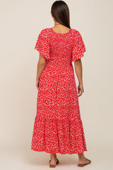 Red Floral Smocked V-Neck Flutter Short Sleeve Maternity Midi Dress