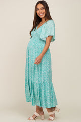 Jade Floral Smocked V-Neck Flutter Short Sleeve Maternity Midi Dress