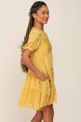 Yellow Textured Stripe V-Neck Tiered Dress