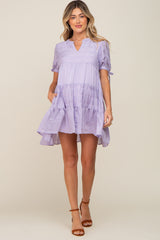 Lavender Textured Stripe V-Neck Tiered Maternity Dress