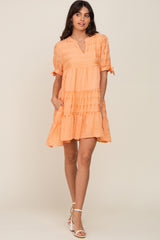 Peach Textured Stripe V-Neck Tiered Dress