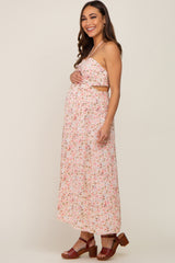 Light Pink Floral Halter Tie Open Back Maternity Midi Dress