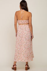 Light Pink Floral Halter Tie Open Back Maternity Midi Dress