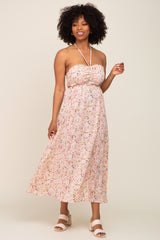 Light Pink Floral Halter Tie Open Back Maternity Midi Dress