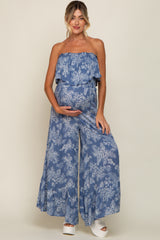 Blue Floral Ruffle Overlay Maternity Jumpsuit