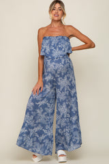 Blue Floral Ruffle Overlay Maternity Jumpsuit