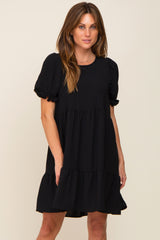 Black Tiered Puff Sleeve Maternity Dress