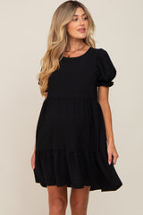 Black Tiered Puff Sleeve Maternity Dress