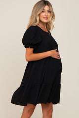 Black Tiered Puff Sleeve Maternity Dress