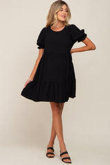 Black Tiered Puff Sleeve Maternity Dress