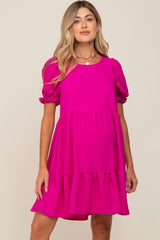 Fuchsia Tiered Puff Sleeve Maternity Dress