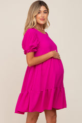 Fuchsia Tiered Puff Sleeve Maternity Dress