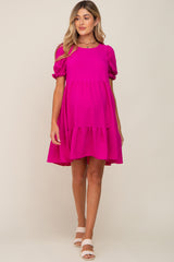 Fuchsia Tiered Puff Sleeve Maternity Dress