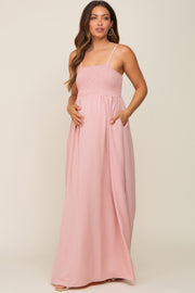 Light Pink Smocked Sleeveless Maternity Maxi Dress