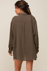 Brown Lightweight Sheer Button Down Maternity Blouse