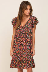 Black Floral Button Front Ruffle Shoulder Dress