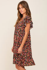 Black Floral Button Front Ruffle Shoulder Dress