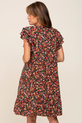 Black Floral Button Front Ruffle Shoulder Dress