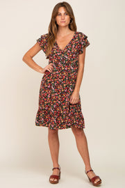 Black Floral Button Front Ruffle Shoulder Dress