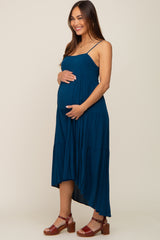 Navy Blue Square Neck Tiered Hi-Low Maternity Midi Dress