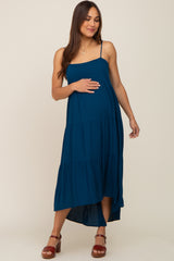 Navy Blue Square Neck Tiered Hi-Low Maternity Midi Dress