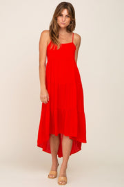 Red Square Neck Tiered Hi-Low Midi Dress