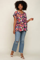 Black Floral V-Neck Short Sleeve Top