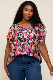 Black Floral V-Neck Short Sleeve Plus Top