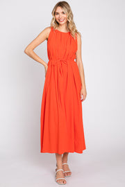 Coral Shirred Waist Tie Midi Dress