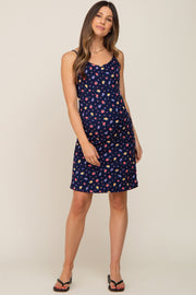 Navy Blue Floral Ribbed Cutout Back Maternity Dress