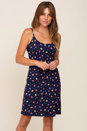 Navy Blue Floral Ribbed Cutout Back Dress