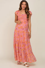 Pink Floral Ruffle Tiered Maternity Maxi Dress