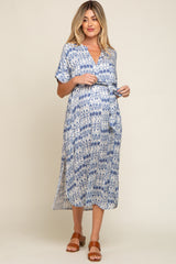 Blue Printed Waist Tie Maternity Midi Dress