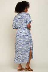 Blue Printed Waist Tie Midi Dress