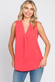 Coral Solid V-Neck Sleeveless Top