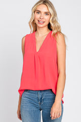 Coral Solid V-Neck Sleeveless Top