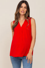 Red Solid V-Neck Sleeveless Maternity Top