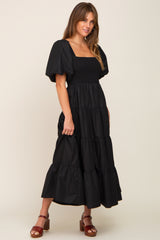 Black Square Neck Smocked Puff Short Sleeve Tiered Midi Dress