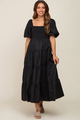 Black Square Neck Smocked Puff Short Sleeve Tiered Maternity Midi Dress